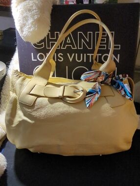 Furla Yellow Leather Shoulder Bag with Scarf Accent